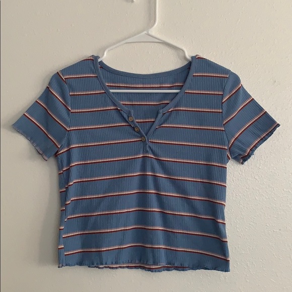 Short Sleeve V Neck Ribbed Knit Crop Top Tee Shirt - Picture 1 of 2